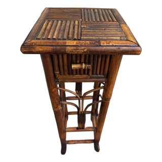 Vintage Tortoiseshell Rattan Plant Stand Side End Table With Drawer For Sale