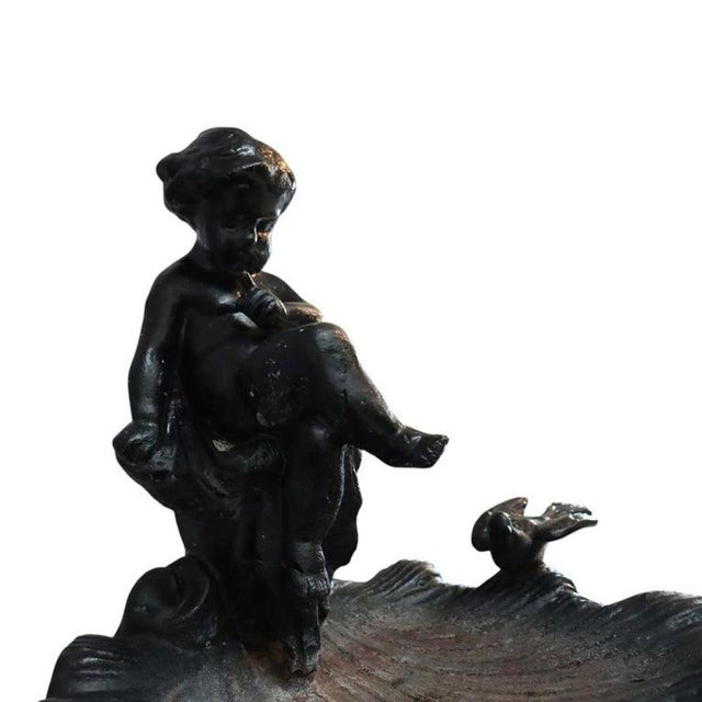 Black Antique Figural Cherub & Seashell Cast Iron Garden Birdbath C1920 For Sale - Image 8 of 13