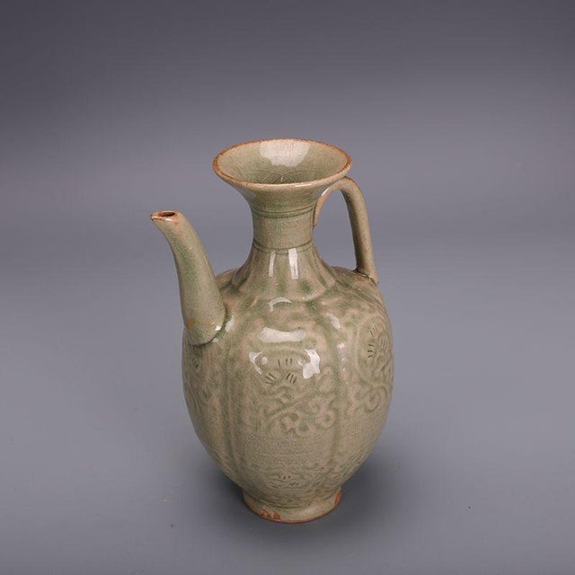 Vintage Chinese Celadon Glaze Yaozhou Style Ewer, Carved Floral Wine Pitcher For Sale - Image 9 of 10