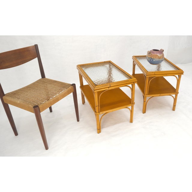 Pair c1970s Bamboo Rattan Two Tier Rippled Glass Top Rectangle End Side Tables For Sale - Image 14 of 14