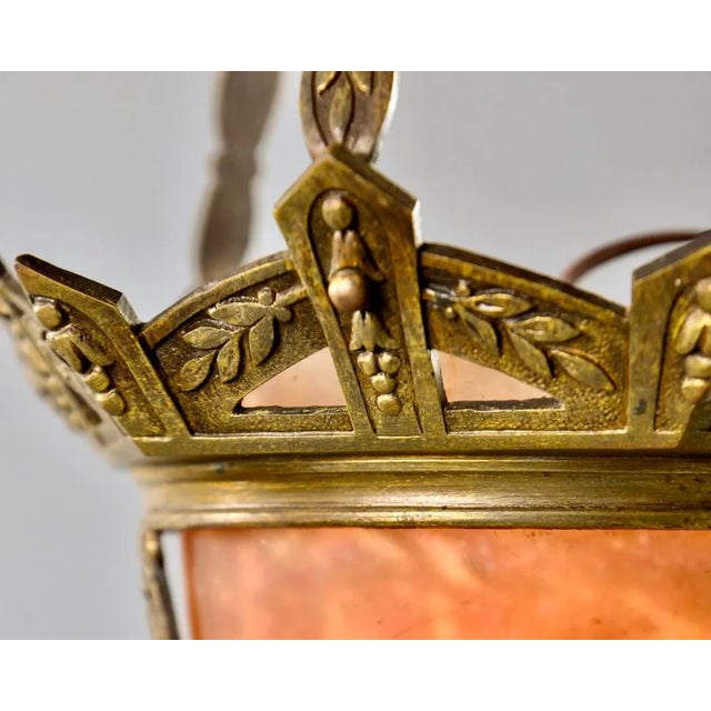 Metal Small Muller Freres Mottled Glass and Bronze Art Deco Pendant For Sale - Image 7 of 11