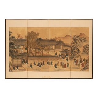 1950-1960s Vintage Chinese Four-Panel Painted Screen "Capture of the Castle" For Sale