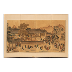 1950-1960s Vintage Chinese Four-Panel Painted Screen "Capture of the Castle"