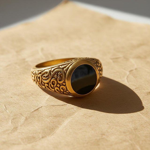 Metal Men’s Black Onyx Ring With Arabic Calligraphy Design, Size 7.5 For Sale - Image 7 of 7