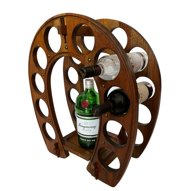 Mid Century Solid Wood Horseshoe Wine Liquor 10 Bottle Rack With Shelf