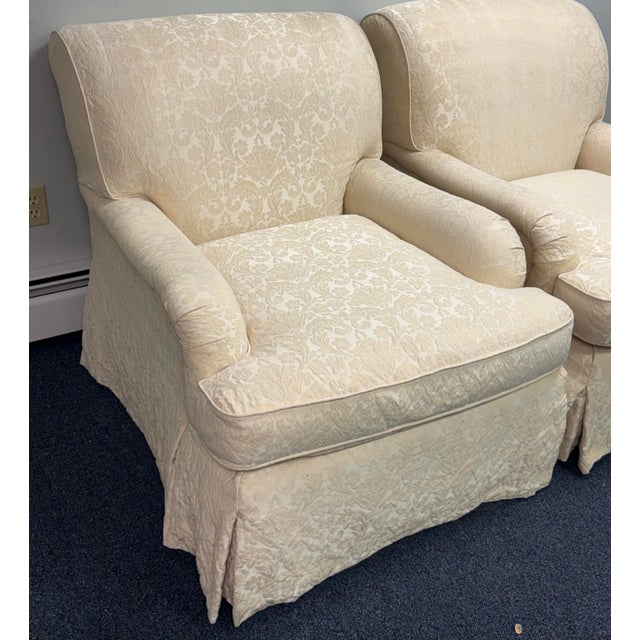 Textile Vintage Pem-Kay Cream Damask Skirted Chairs - A Pair For Sale - Image 7 of 11