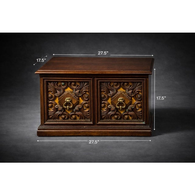 Mid 20th Century Mid 20th Century Pair of Spanish Revival Carved Walnut Nightstands With Velvet Backed Doors and Brass Ring Pulls For Sale - Image 5 of 9