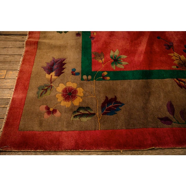 Textile 1920s Antique Pink Floral Open Field Modernist Knotted Wool Chinese Art Deco Rug For Sale - Image 7 of 9