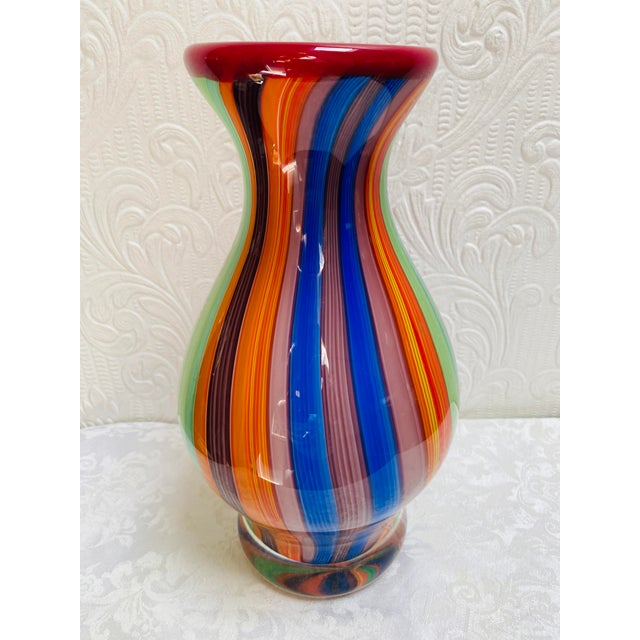 Vintage Millefiori Striped Italian Murano Attributed Heavy Glass Paperweight Vase For Sale - Image 11 of 11