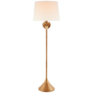 Julie Neill for Visual Comfort Signature Alberto Large Floor Lamp in Antique Gold Leaf with Linen Shade For Sale