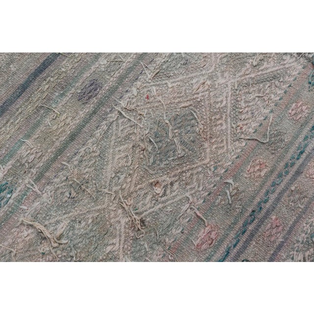 Mid 20th Century Vintage Turkish Flat-Weave Kilim With Stripes and Embroideries With Gray-Green For Sale - Image 12 of 12