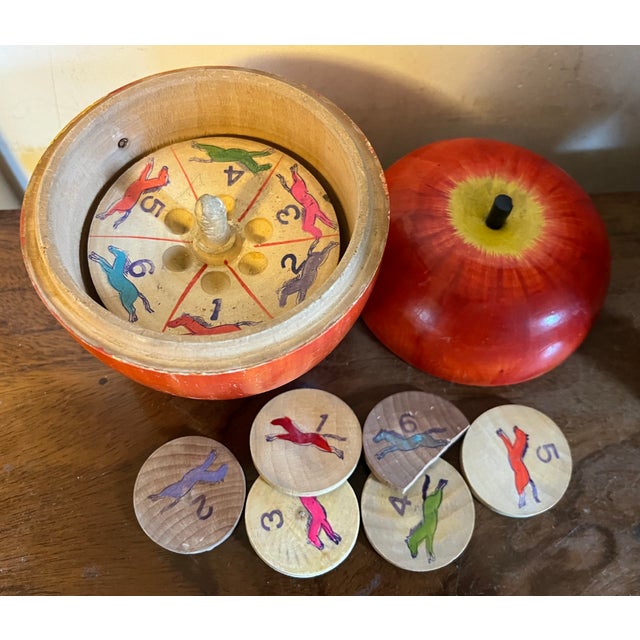 Red Antique Early 20th Century Paint Decorated Carved Wood Apple Box Containing Steeplechase Horse Race Game For Sale - Image 8 of 13