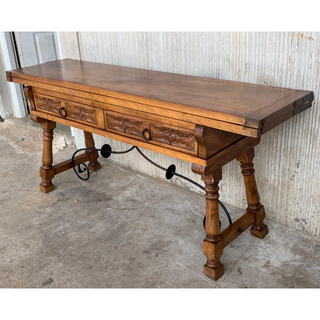 Spanish Early 20th Spanish Console Fold Out Table With Iron Stretcher and Two Drawers For Sale - Image 3 of 13
