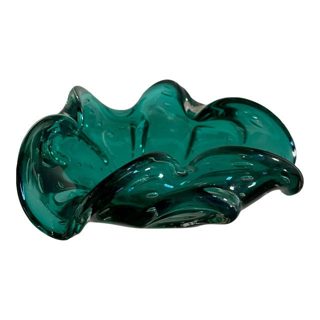 Large 1950s Green Murano "Attributed" Controlled Bubble Mid-Century Ashtray For Sale