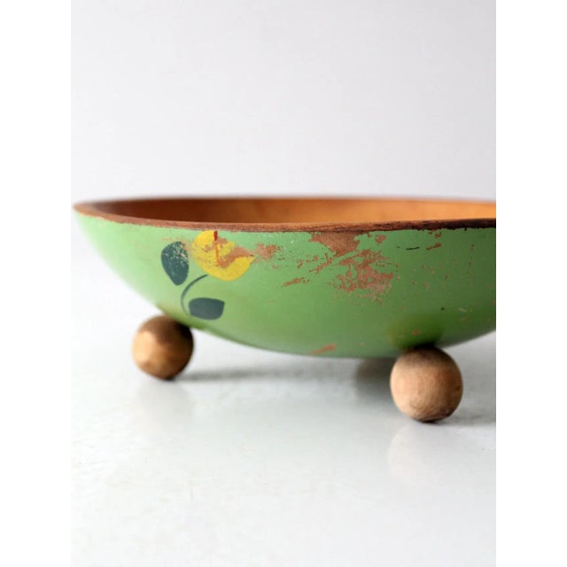 Vintage Hand-Painted Footed Wood Bowl For Sale - Image 4 of 9