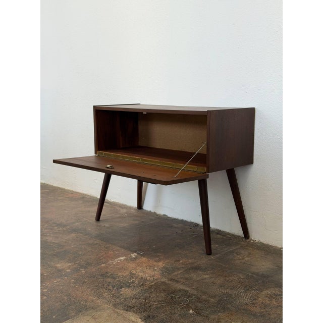 Brown Walnut Entry Console Table With Drop-Down Storage Compartment Vintage Mid-Century Modern 1960s For Sale - Image 8 of 13