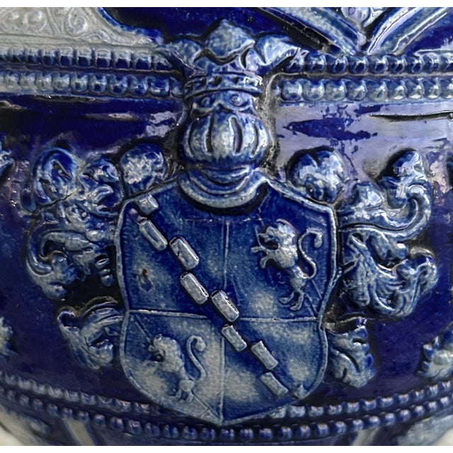 Traditional Mid 19th Century German Renaissance Revival Style Westerwald Salt Glazed Stoneware Coat of Arms Motif Satyr Spout Bulbous Footed Ewer For Sale - Image 3 of 11