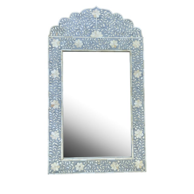 Wood Blue-Gray Floral Bone Inlay Mirror With Scalloped Arch – Indian Handcrafted Wall Mirror For Sale - Image 7 of 8