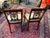 Late 20th century reproductions of Regency style. Mahogany wood, carved arrow and ribbon splat. scroll arm rests, fluted...