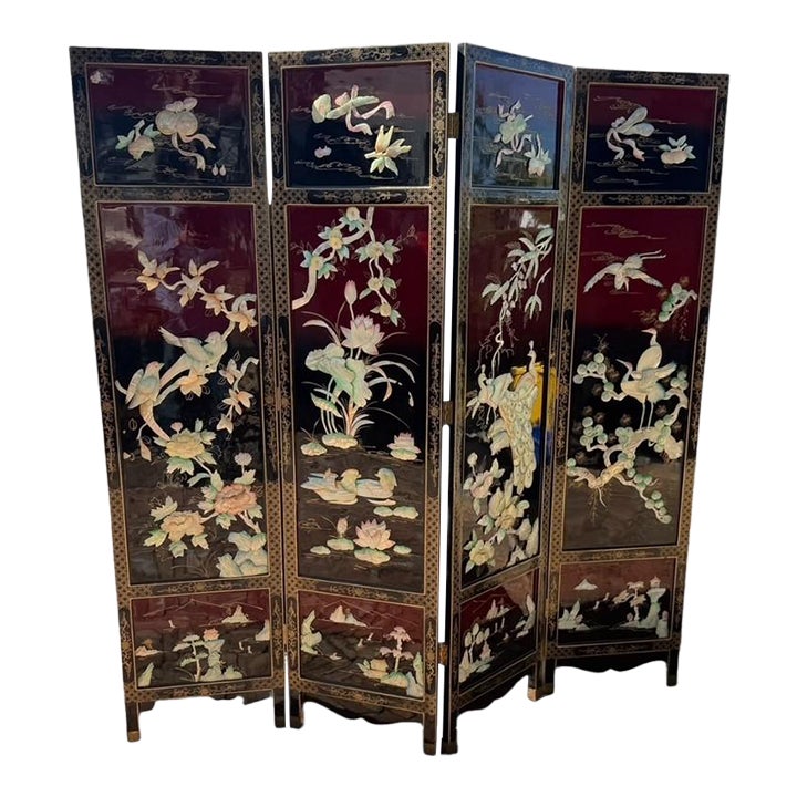 Late 20th Century Four-Panel Asian Lacquer Screen With Mother-of-Pearl ...