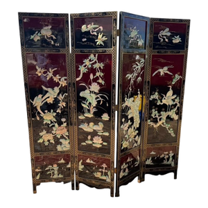 Late 20th Century Four-Panel Asian Lacquer Screen With Mother-of-Pearl Inlay, 72” H