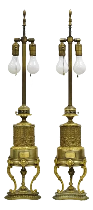 Antique Carcel Paris French Renaissance Gold Gilt Bronze Oil Table Lamp - A Pair