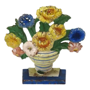 Vintage 1930s Hubley Model #315 Marigolds Flower Pot Cast Iron Doorstop - Nice Original Paint