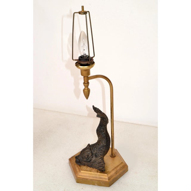 Bronze Neoclassical Sea Serpent Koi Fish Table Lamp Fabric Shade Octagonal Base For Sale - Image 4 of 13