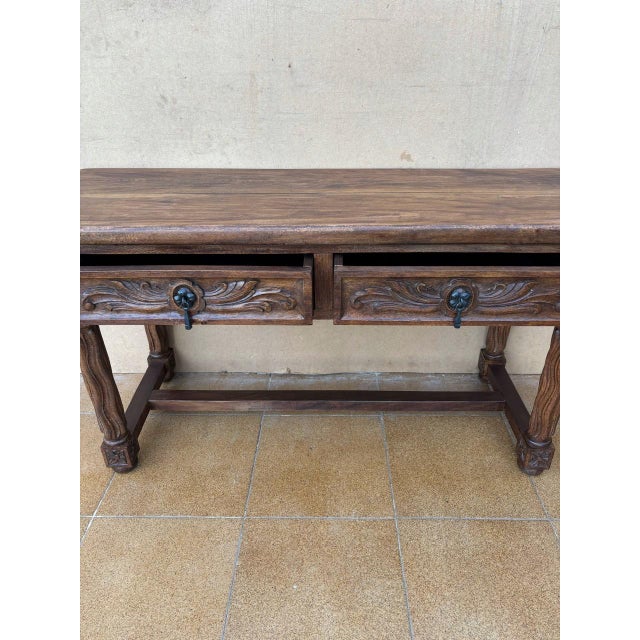 Spanish Walnut Console Table with Carved Drawers, 1920 For Sale - Image 4 of 12