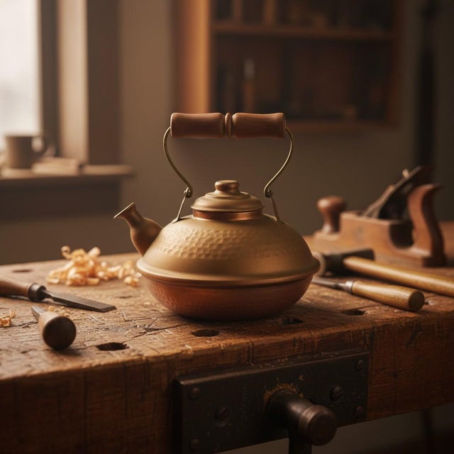 Copper Vintage Hammered Copper Brass Kettle Teapot-Chile-Wood Handle-Rustic-Farmhouse For Sale - Image 8 of 11