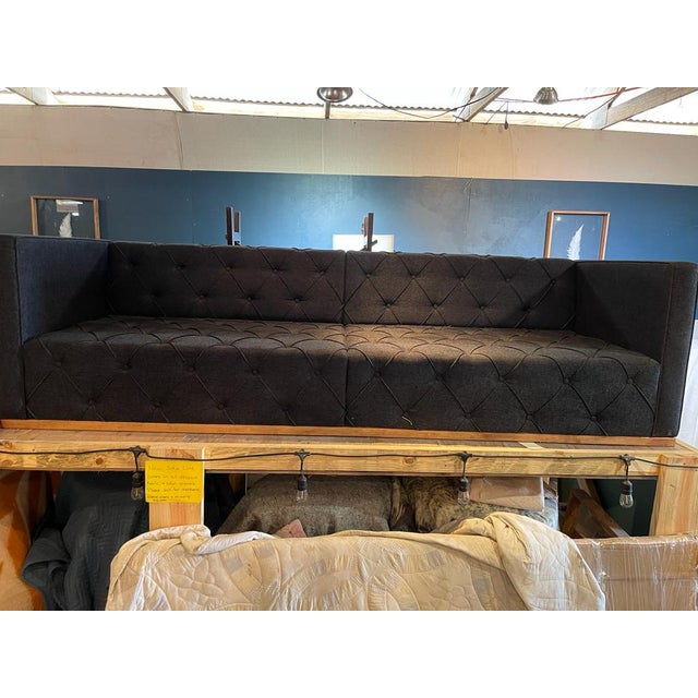 Modern Deep Chesterfield Sofa in Dark Grey Linen For Sale - Image 4 of 7