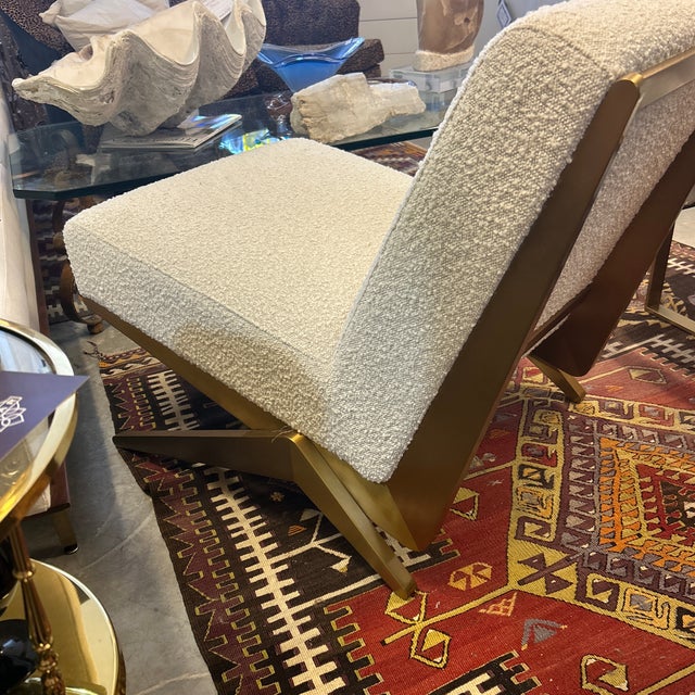 Cream Brushed Brass Angular Frame Boucle Lounge Chair For Sale - Image 8 of 10