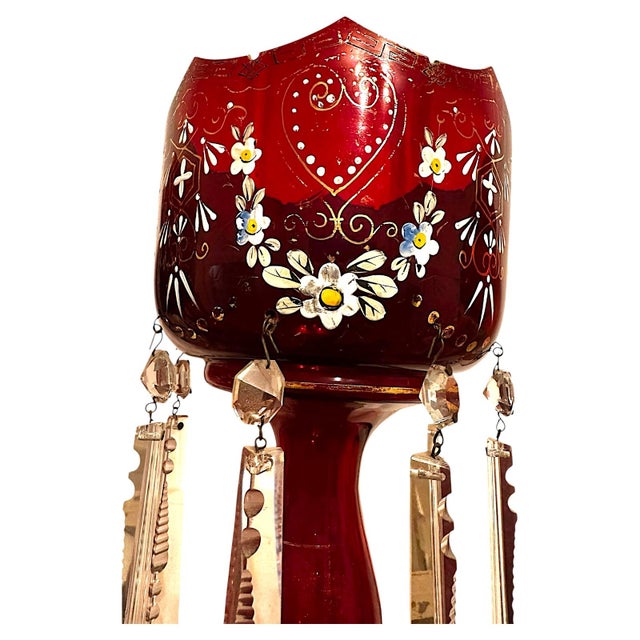 Pair of Victorian Bohemian Ruby Glass Mantel Lusters With Original Prisms, C. 1880 For Sale In Charlotte - Image 6 of 14