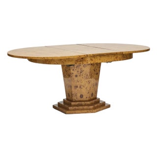 Biedermeyer Dining Table With One Leaf and Six Matching Dining Chairs With Blue Upholstery For Sale