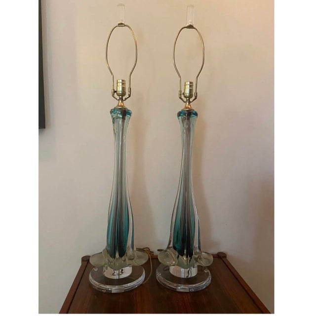 Mid 20th Century Mid-Century Modern Italian Sommerso Murano Glass Fluted Table Lamps - A Pair For Sale - Image 9 of 10