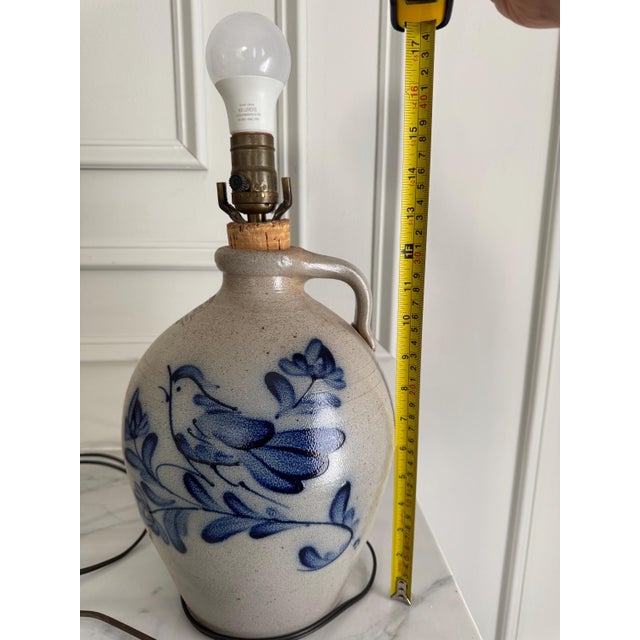 Vintage Rowe Pottery Works Salt Glazed Stoneware Cobalt Blue Bird Jug Table Lamp 25" For Sale - Image 16 of 18