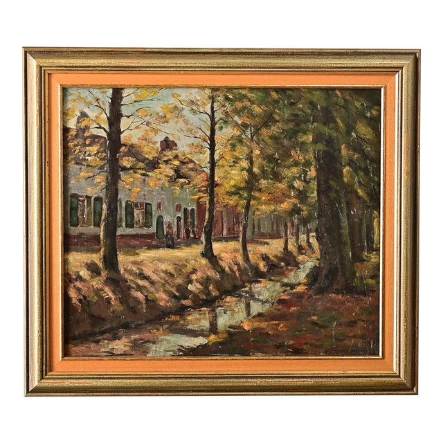 French Vintage Framed Autumn Landscape Painting For Sale