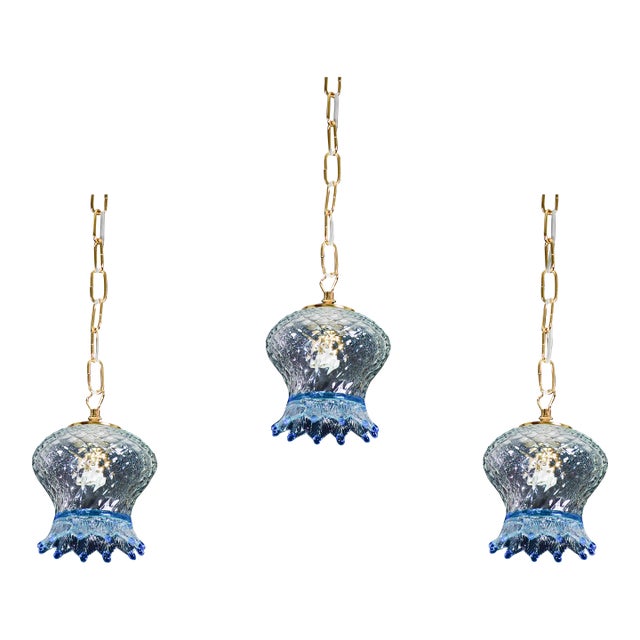 1970s Set of 3 Murano Blu Glass Pendant Light For Sale