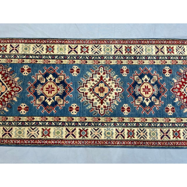 Blue and Cream Kazak-Style Wool Runner Rug With Tribal Medallions, 2'8" X 9'7" For Sale - Image 6 of 15