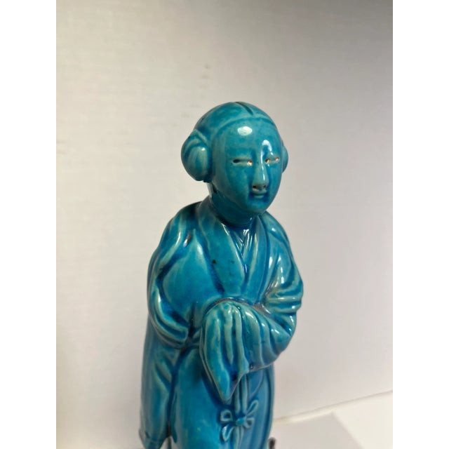 Republic Period Chinese Turquoise Blue Glazed Porcelain Figurine by 鄧榮昌造 Deng RongTzan Aprox. dimensions: 9.5" H Very good...