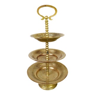 Vintage Solid Brass Hand Etched Three Tier Serving or Trinket Dish For Sale