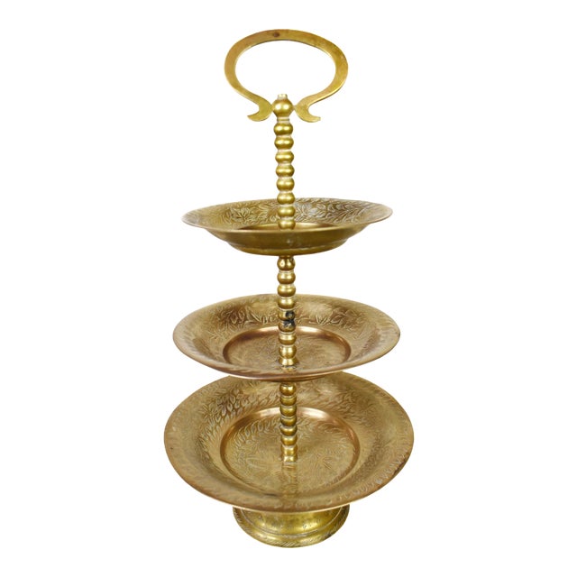 Vintage Solid Brass Hand Etched Three Tier Serving or Trinket Dish For Sale