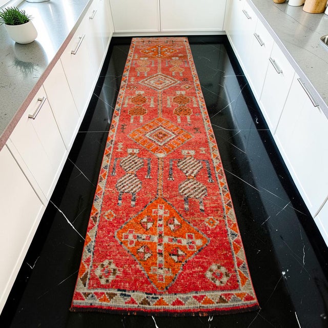 Tribal Antique Style Orange Runner Rug, Hand Knotted Turkish Carpet, 3x12 Vintage Area Rug, Rare Alien Motif Decor, Organic Modern Rug For Sale - Image 3 of 16