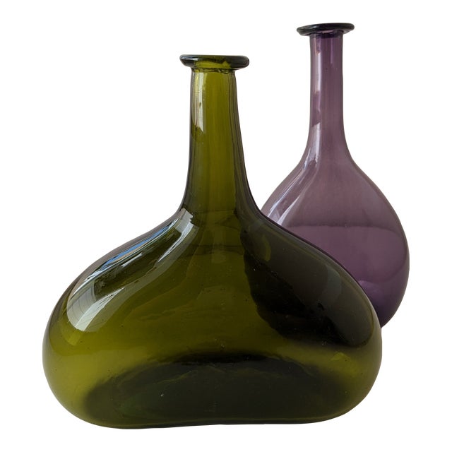 Pair of Vintage European Handblown Glass Vases – Lilac & Green For Sale