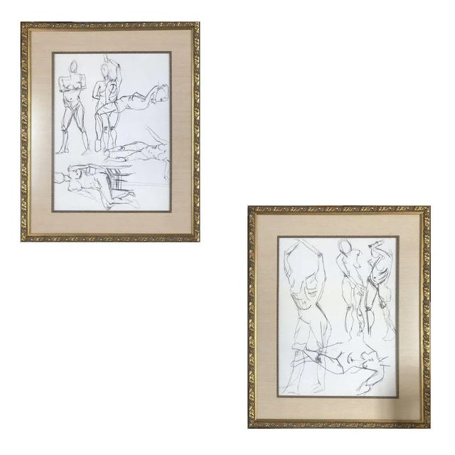 Paper Nude Female Figurative Pencil on Paper Drawings in Gold Tone Frame, Pair For Sale - Image 7 of 7