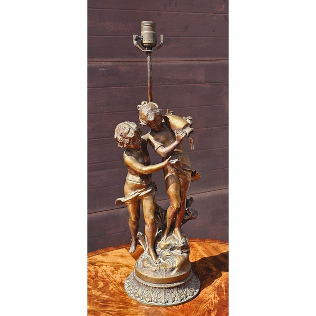 Gold 1880s Gilt Metal Spelter Figural Sculpture of Two Children Table Lamp For Sale - Image 8 of 11