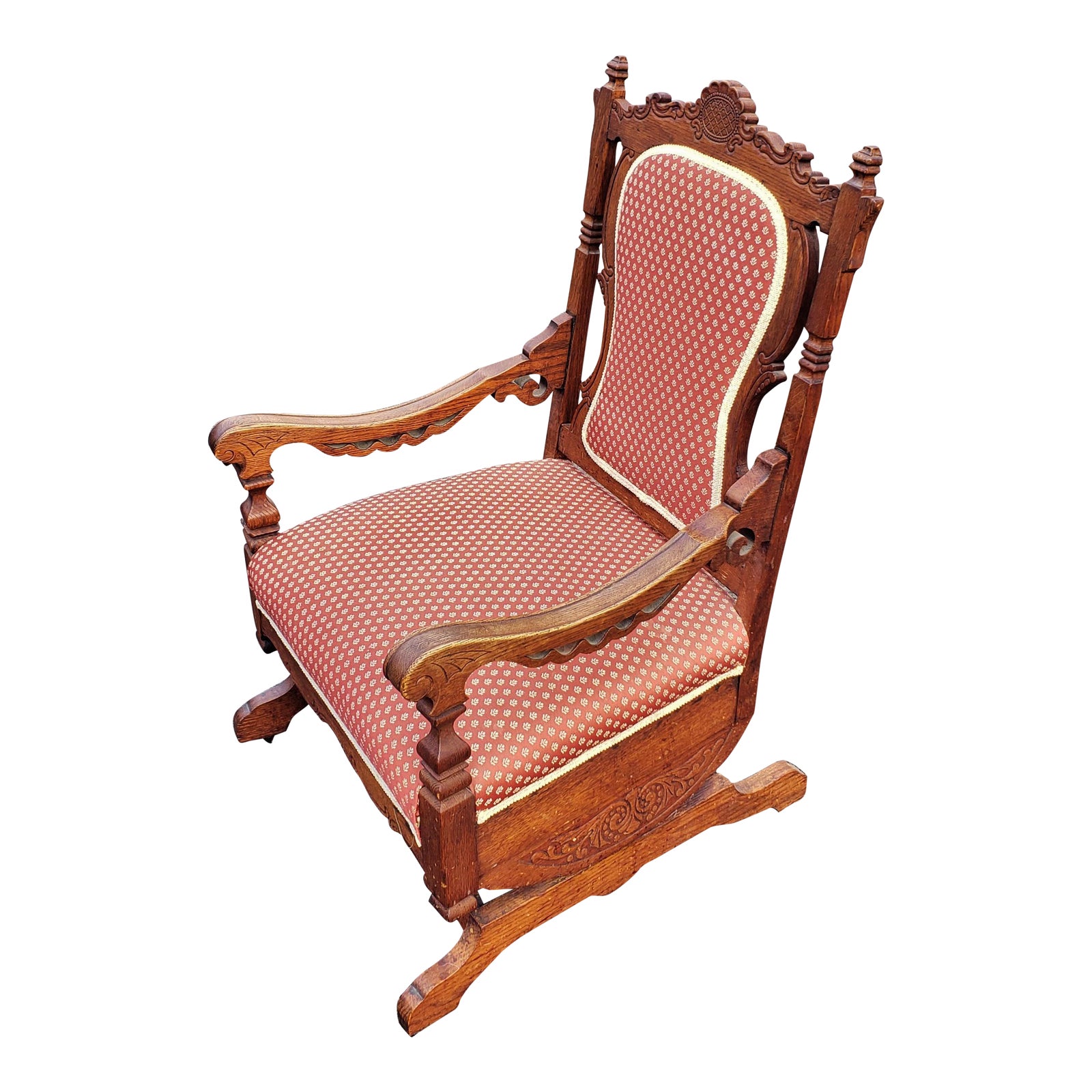 19th C Victorian American Upholstered Carved Oak Rocking ...