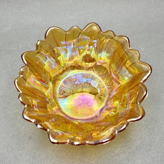 Vintage Indiana Glass Marigold Carnival Glass “Sunflower” Ruffled Bowl For Sale - Image 4 of 9