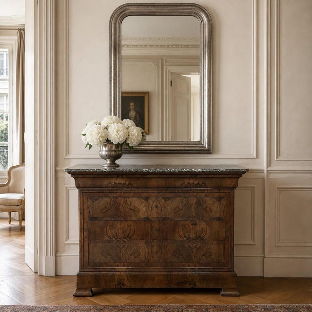 Louis Philippe Period Burl Walnut Marble Top Commode in beautifully figured walnut, crowned with a richly veined marble...