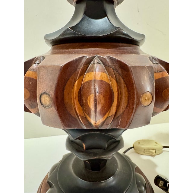 American Vintage Inlaid Turned Wood Table Lamp Base Geometric Marquetry For Sale - Image 3 of 8